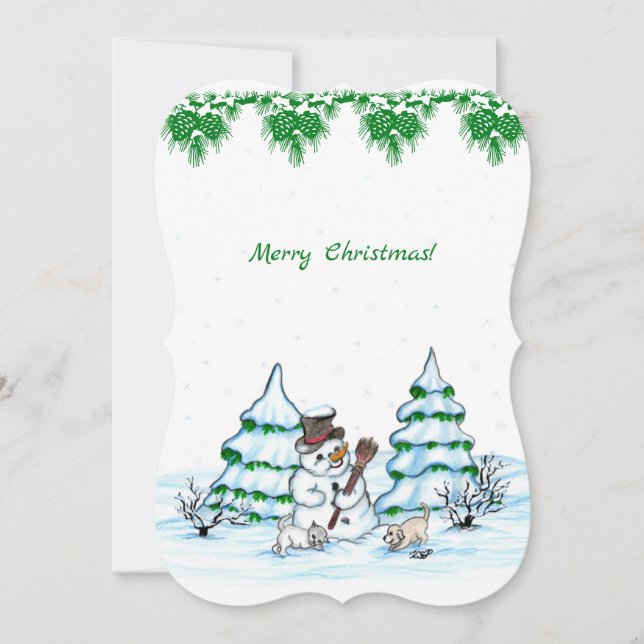 Merry Christmas! Snowman with Cat and Puppy Invitation (Front)