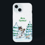 Merry Christmas! Snowman with Cat and Puppy iPhone 15 Case<br><div class="desc">Merry Christmas! Snowman with Cat and Puppy - little Dog ~~~ coloured pencil drawing by Krisi ArtKSZP ~~~ Store Category >>> Merry Christmas for Kids >>> Snowman with Cat and Puppy</div>
