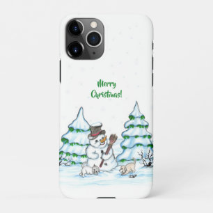 Merry Christmas! Snowman with Cat and Puppy iPhone 11Pro Case