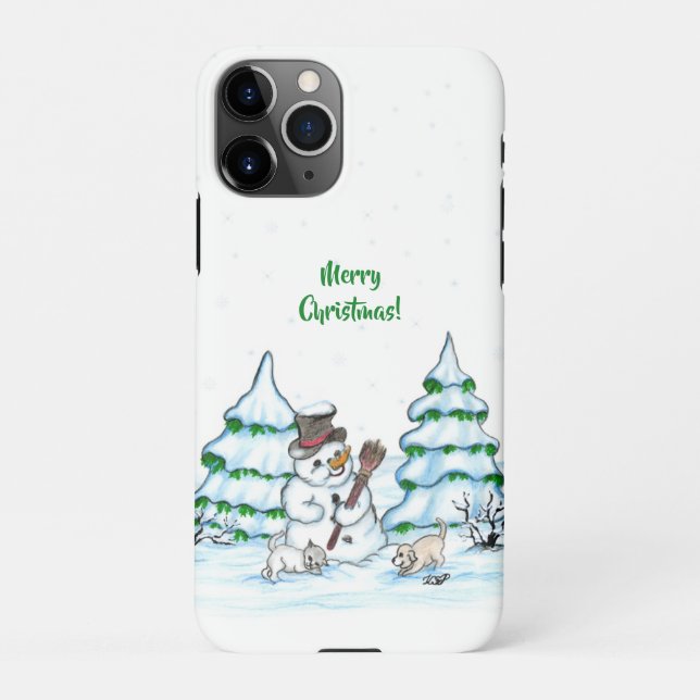 Merry Christmas! Snowman with Cat and Puppy iPhone Case (Back)