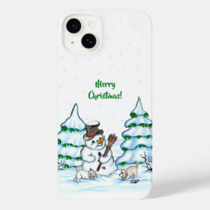 Merry Christmas! Snowman with Cat and Puppy iPhone 14 Plus Case