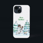 Merry Christmas! Snowman with Cat and Puppy iPhone 13 Mini Case<br><div class="desc">Merry Christmas! Snowman with Cat and Puppy - little Dog ~~~ colored pencil drawing by Krisi ArtKSZP ~~~ Store Category >>> Merry Christmas for Kids >>> Snowman with Cat and Puppy</div>
