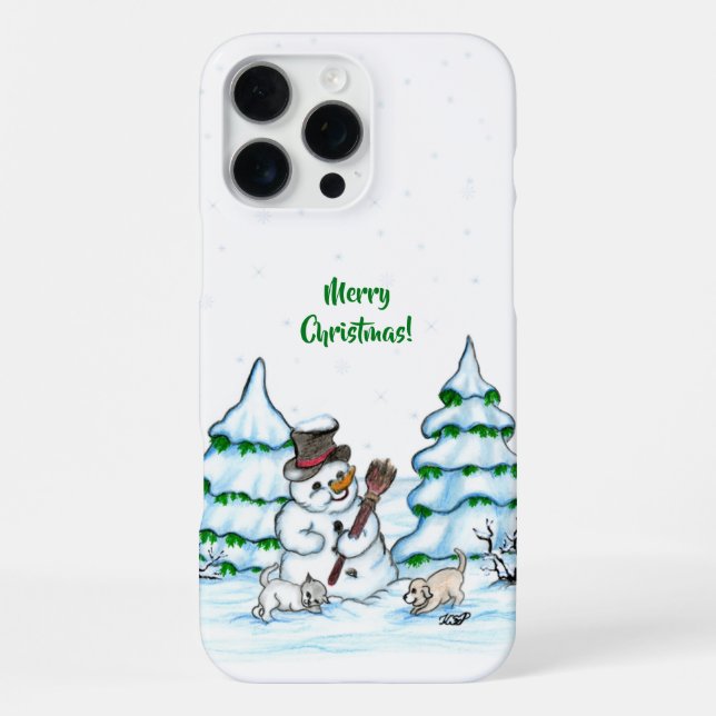 Merry Christmas! Snowman with Cat and Puppy iPhone Case (Back)
