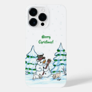 Merry Christmas! Snowman with Cat and Puppy iPhone 14 Pro Max Case