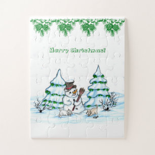 Merry Christmas! Snowman with Cat and Puppy Jigsaw Puzzle