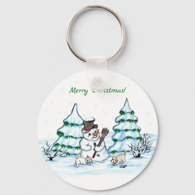 Merry Christmas! Snowman with Cat and Puppy Key Ring (Front)
