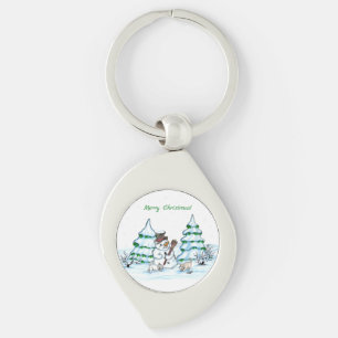 Merry Christmas! Snowman with Cat and Puppy Key Ring