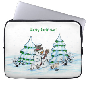 Merry Christmas! Snowman with Cat and Puppy Laptop Sleeve