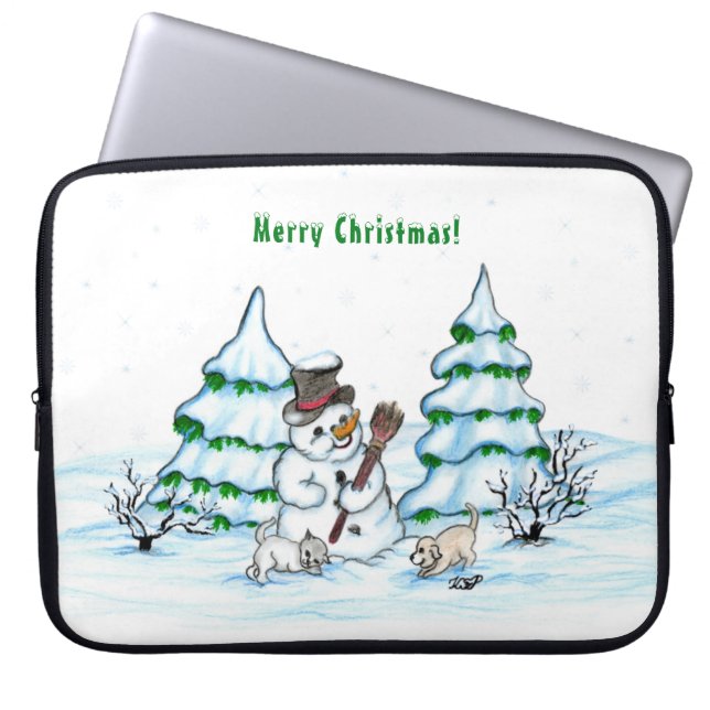 Merry Christmas! Snowman with Cat and Puppy Laptop Sleeve (Front)