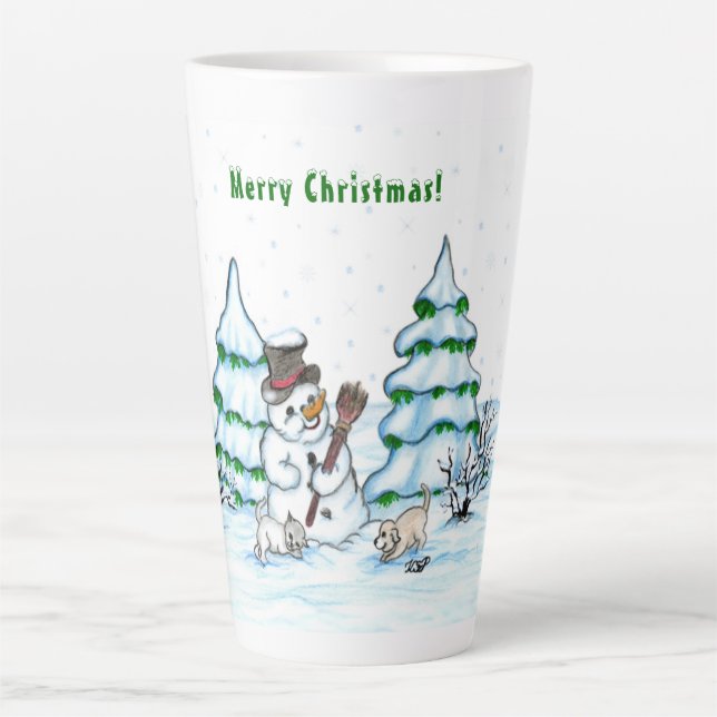 Merry Christmas! Snowman with Cat and Puppy Latte Mug (Front)
