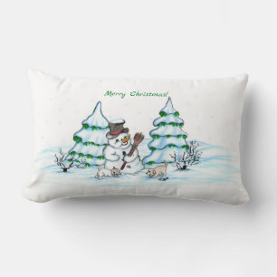 Merry Christmas! Snowman with Cat and Puppy Lumbar Cushion