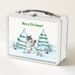 Merry Christmas! Snowman with Cat and Puppy Metal Lunch Box<br><div class="desc">Merry Christmas! Snowman with Cat and Puppy - little Dog ~~~ coloured pencil drawing by Krisi ArtKSZP ~~~ Store Category >>> Merry Christmas for Kids >>> Snowman with Cat and Puppy</div>