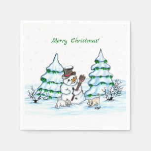 Merry Christmas! Snowman with Cat and Puppy Napkin
