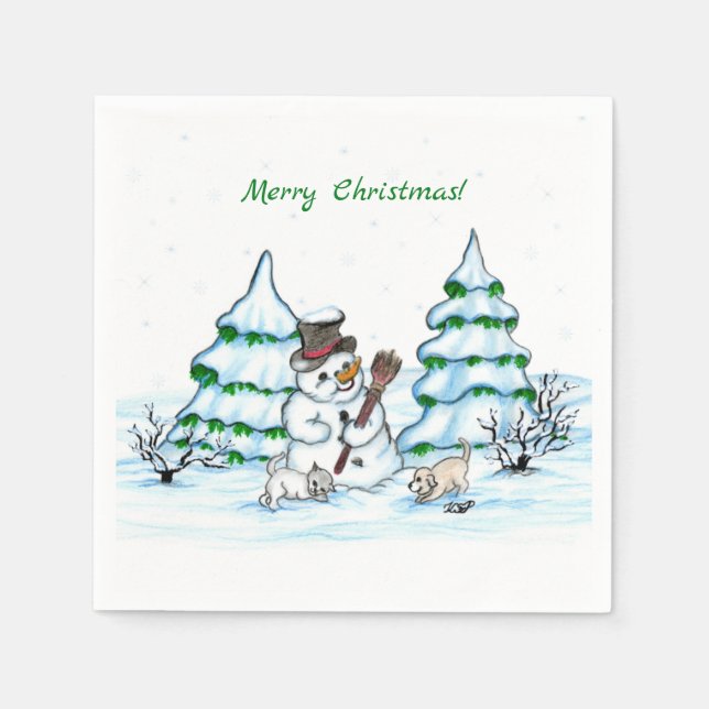 Merry Christmas! Snowman with Cat and Puppy Napkin (Front)