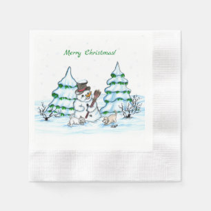 Merry Christmas! Snowman with Cat and Puppy Napkin