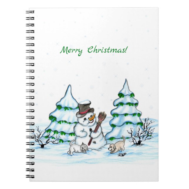 Merry Christmas! Snowman with Cat and Puppy Notebook (Front)