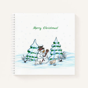 Merry Christmas! Snowman with Cat and Puppy Notebook