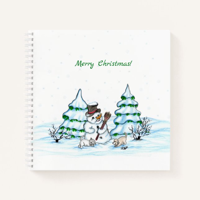 Merry Christmas! Snowman with Cat and Puppy Notebook (Front)