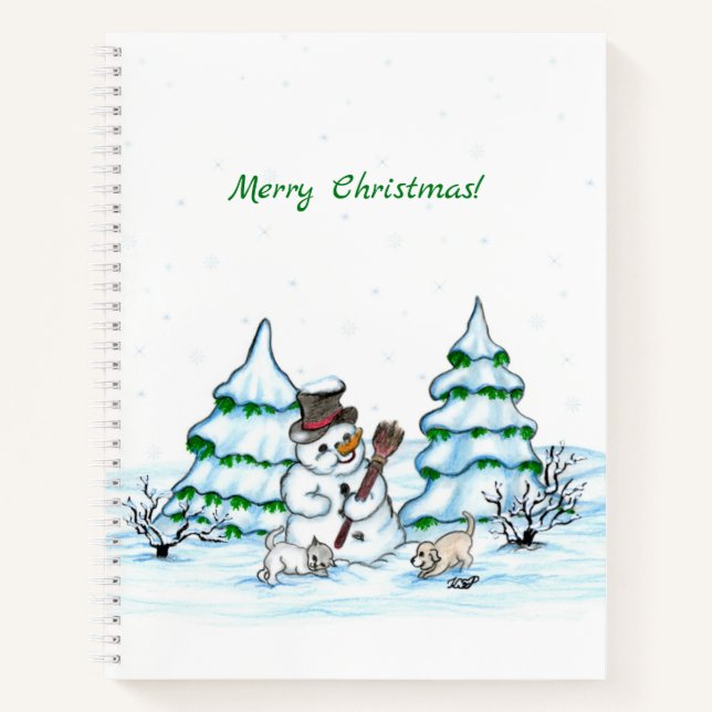 Merry Christmas! Snowman with Cat and Puppy Notebook (Front)