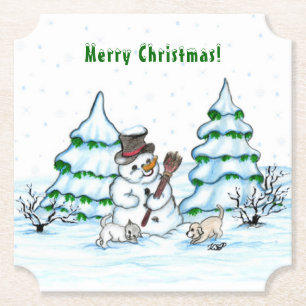 Merry Christmas! Snowman with Cat and Puppy Paper Coaster