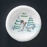 Merry Christmas! Snowman with Cat and Puppy Paper Plate<br><div class="desc">Merry Christmas! Snowman with Cat and Puppy - little Dog ~~~ coloured pencil drawing by Krisi ArtKSZP ~~~ Store Category >>> Merry Christmas for Kids >>> Snowman with Cat and Puppy</div>