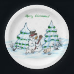 Merry Christmas! Snowman with Cat and Puppy Paper Plate<br><div class="desc">Merry Christmas! Snowman with Cat and Puppy - little Dog ~~~ coloured pencil drawing by Krisi ArtKSZP ~~~ Store Category >>> Merry Christmas for Kids >>> Snowman with Cat and Puppy</div>