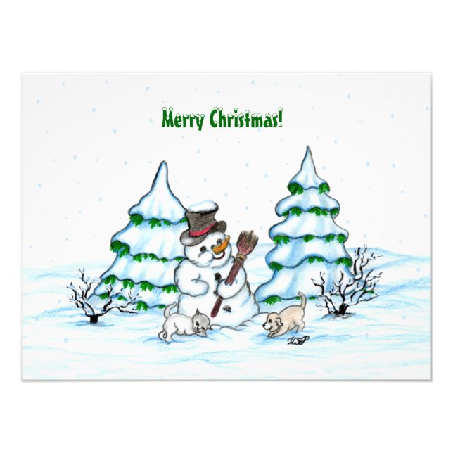 Merry Christmas! Snowman with Cat and Puppy Photo Print (Front)