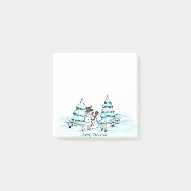 Merry Christmas! Snowman with Cat and Puppy Post-it Notes (Front)