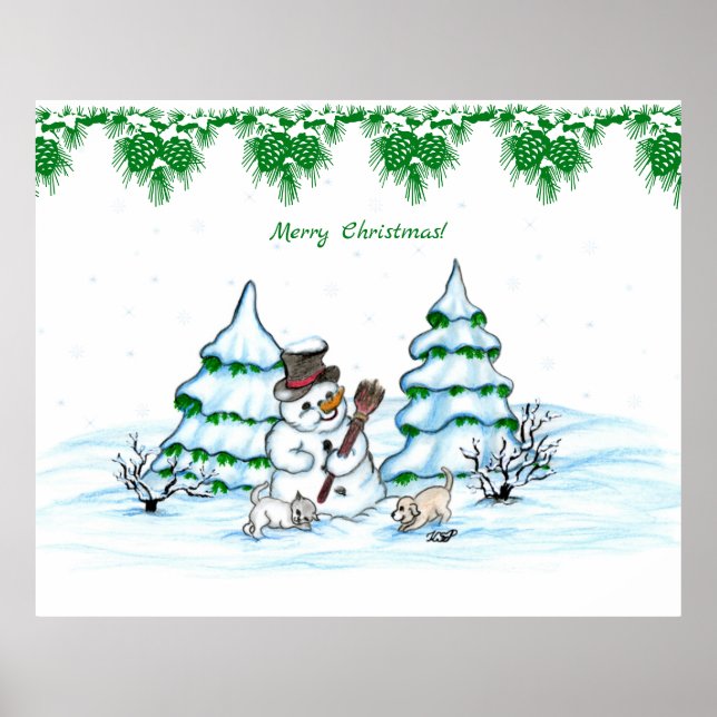 Merry Christmas! Snowman with Cat and Puppy Poster (Front)
