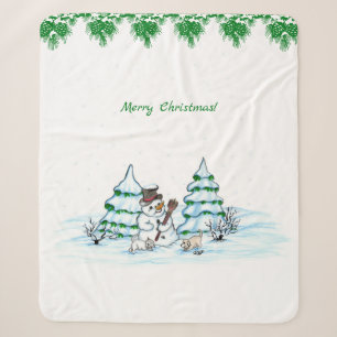 Merry Christmas! Snowman with Cat and Puppy Sherpa Blanket