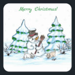 Merry Christmas! Snowman with Cat and Puppy Square Sticker<br><div class="desc">Merry Christmas! Snowman with Cat and Puppy - little Dog ~~~ coloured pencil drawing by Krisi ArtKSZP ~~~ Store Category >>> Merry Christmas for Kids >>> Snowman with Cat and Puppy</div>