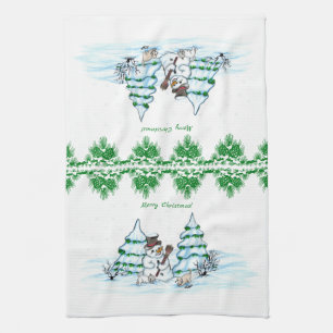 Merry Christmas! Snowman with Cat and Puppy Tea Towel