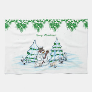 Merry Christmas! Snowman with Cat and Puppy Tea Towel