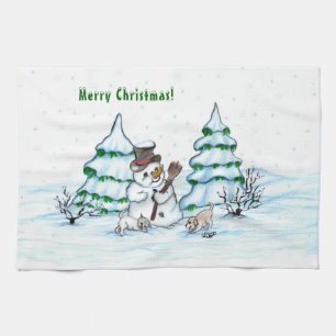 Merry Christmas! Snowman with Cat and Puppy Tea Towel