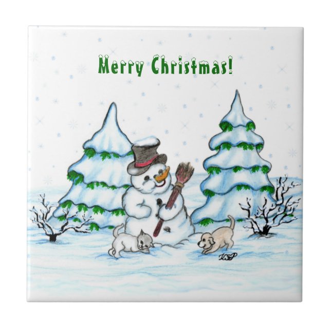 Merry Christmas! Snowman with Cat and Puppy Tile (Front)
