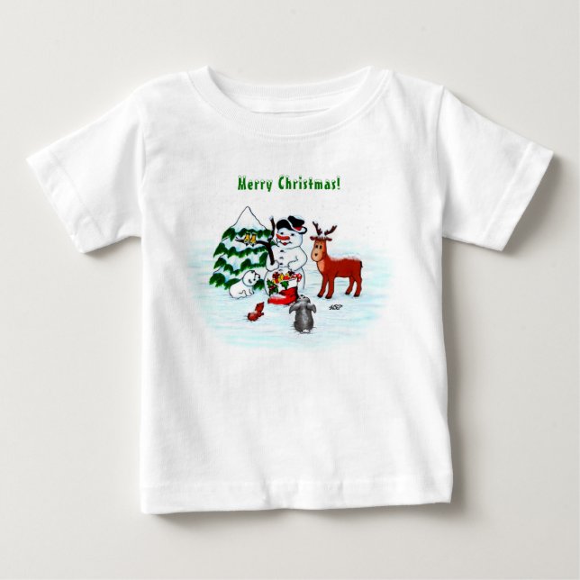 Merry Christmas! Snowman with Friends Baby T-Shirt (Front)
