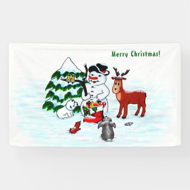 Merry Christmas! Snowman with Friends Banner (Horizontal)