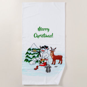 Merry Christmas! Snowman with Friends Beach Towel