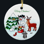 Merry Christmas! Snowman with Friends Ceramic Tree Decoration<br><div class="desc">Merry Christmas! Snowman with Friends - Baby Polar Bear,  Birds,  Moose,  Rabbit,    ~~~ coloured pencil drawing by Krisi ArtKSZP ~~~ Store Category >>> Merry Christmas for Kids >>> Snowman with Friends</div>