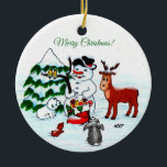 Merry Christmas! Snowman with Friends Ceramic Tree Decoration<br><div class="desc">Merry Christmas! Snowman with Friends - Baby Polar Bear,  Birds,  Moose,  Rabbit,    ~~~ coloured pencil drawing by Krisi ArtKSZP ~~~ Store Category >>> Merry Christmas for Kids >>> Snowman with Friends</div>