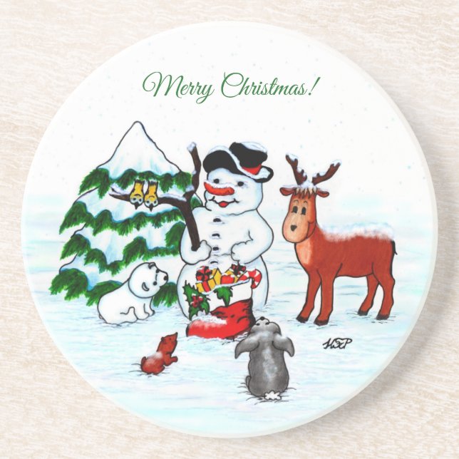 Merry Christmas! Snowman with Friends Coaster (Front)