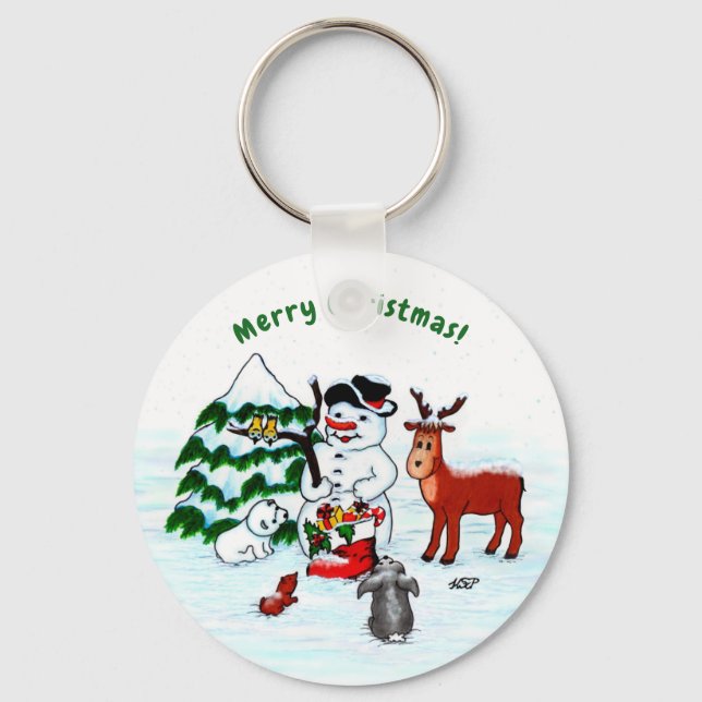 Merry Christmas! Snowman with Friends Key Ring (Front)