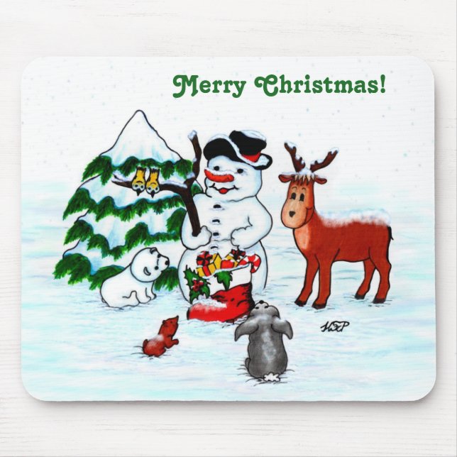 Merry Christmas! Snowman with Friends Mouse Pad (Front)