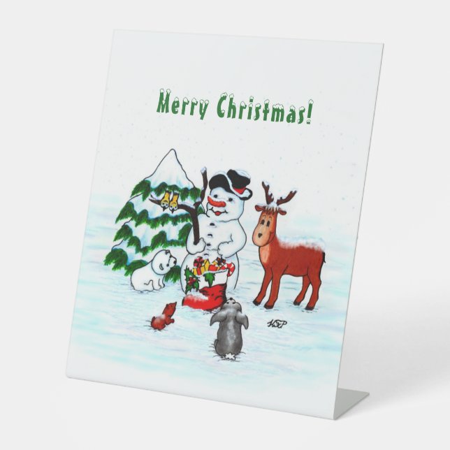 Merry Christmas! Snowman with Friends Pedestal Sign (Front)