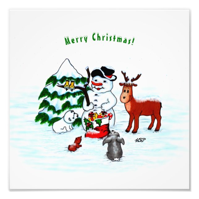 Merry Christmas! Snowman with Friends Photo Print (Front)