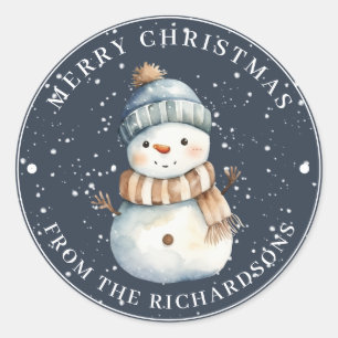 Merry Christmas Snowman with Hat on Blue Classic Round Sticker