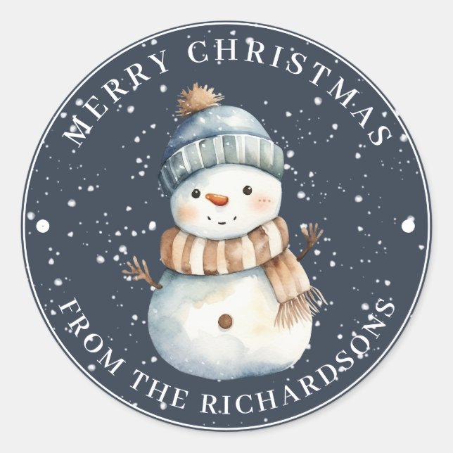 Merry Christmas Snowman with Hat on Blue Classic Round Sticker (Front)