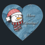 Merry Christmas, snowman with knitted clothes Heart Sticker<br><div class="desc">A beautiful little snowman wearing white and red knitted clothes on a blue paper . Perfect to wish merry Christmas to the little ones.</div>