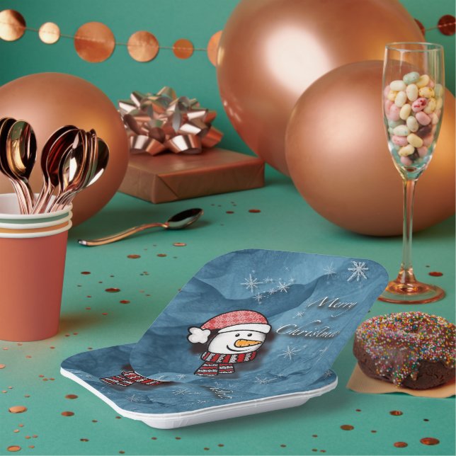 Merry Christmas, snowman with knitted clothes Paper Plate (Multi)