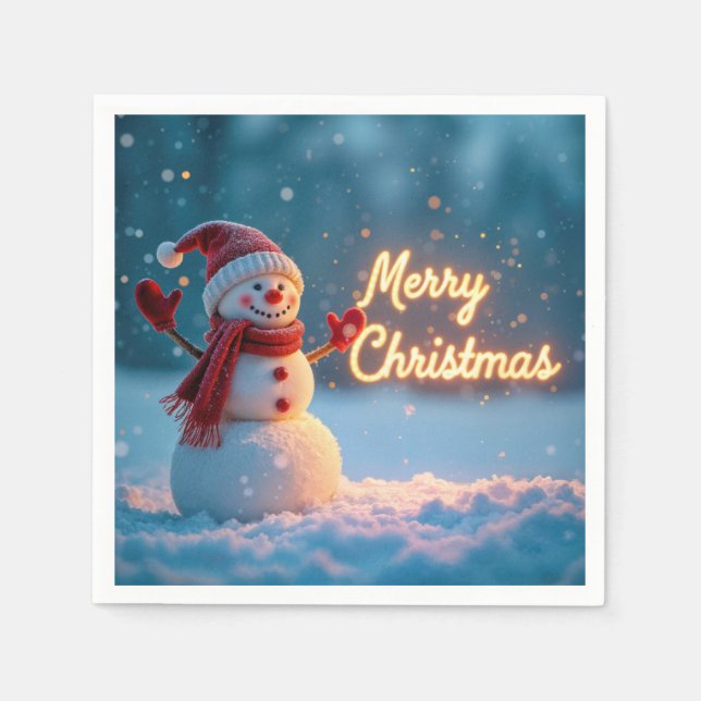 Merry Christmas Snowman with Neon Sign Napkin (Front)